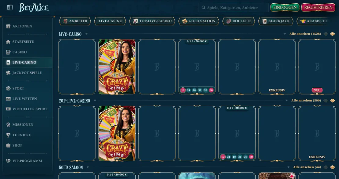 Live-Casino-Bereich von BetAlice mit Spielshows und Roulette